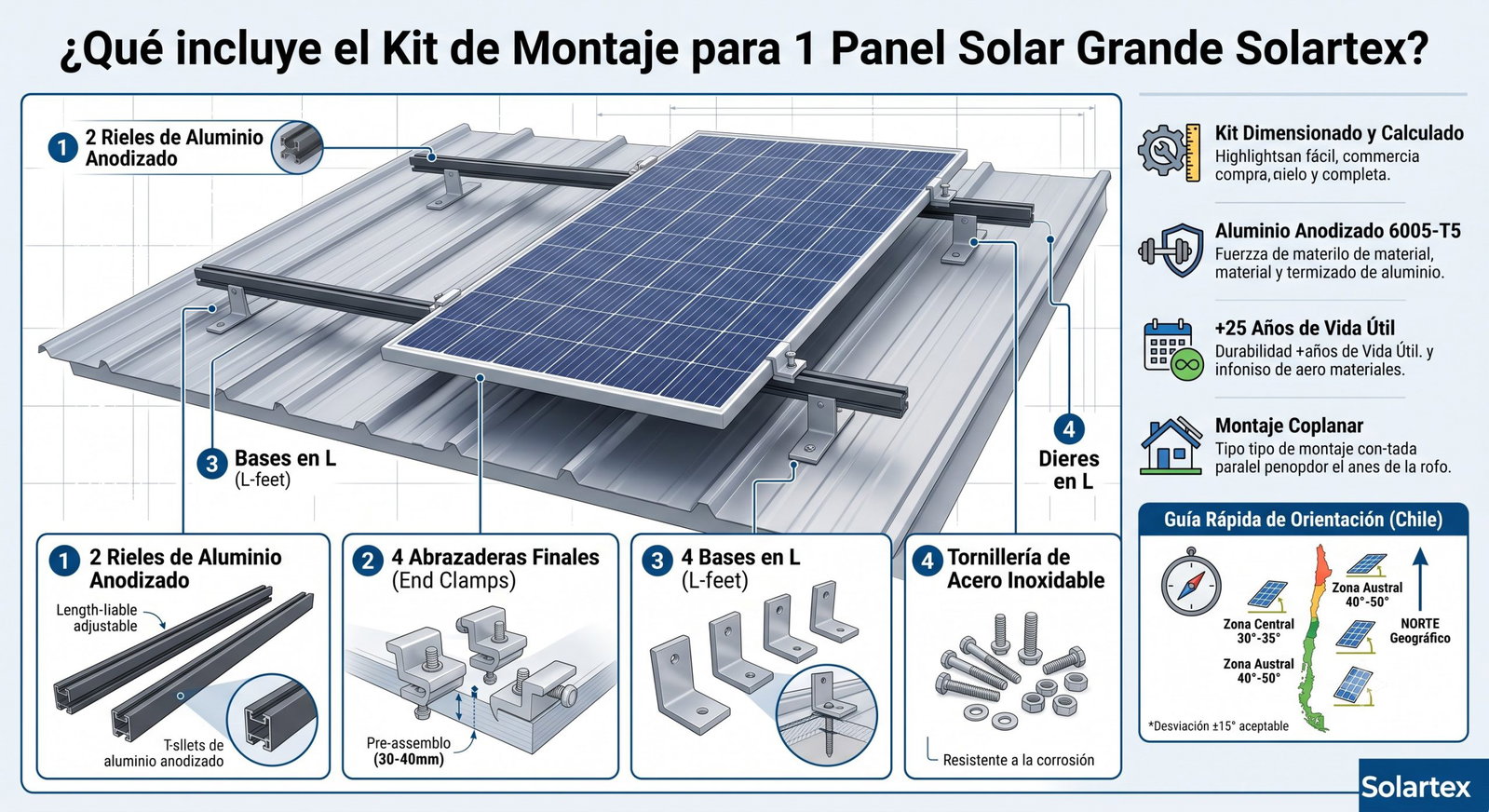 Kit de montaje en aluminio para 1 panel solar grande en techo: 2 rieles, abrazaderas finales y bases en L