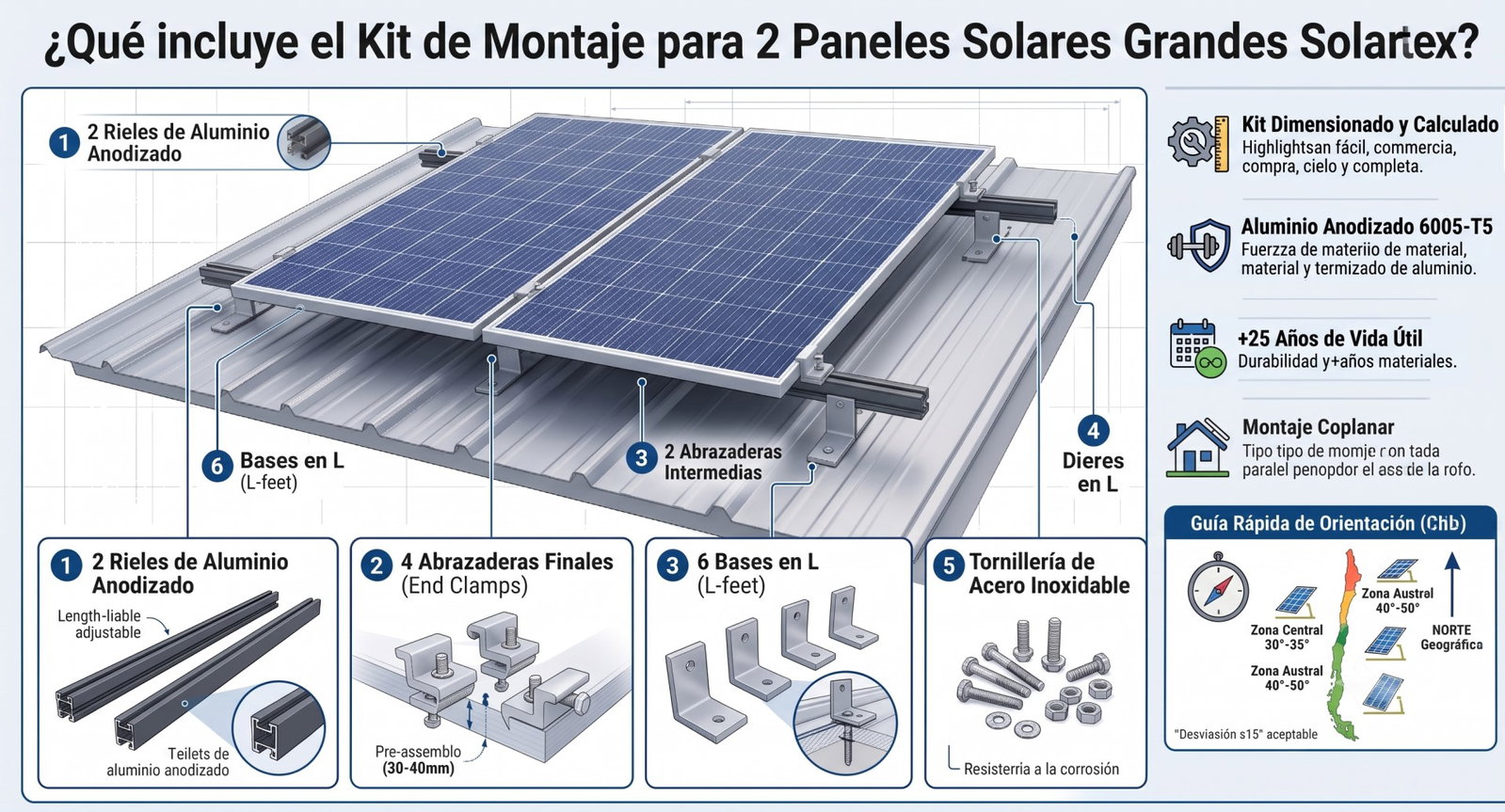 Kit de montaje en aluminio para 2 paneles solares grandes en techo: 2 rieles, abrazaderas finales e intermedias y bases en L