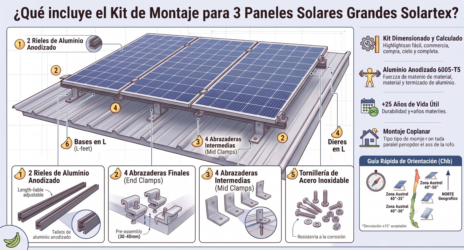 Kit de montaje en aluminio para 3 paneles solares grandes Solartex