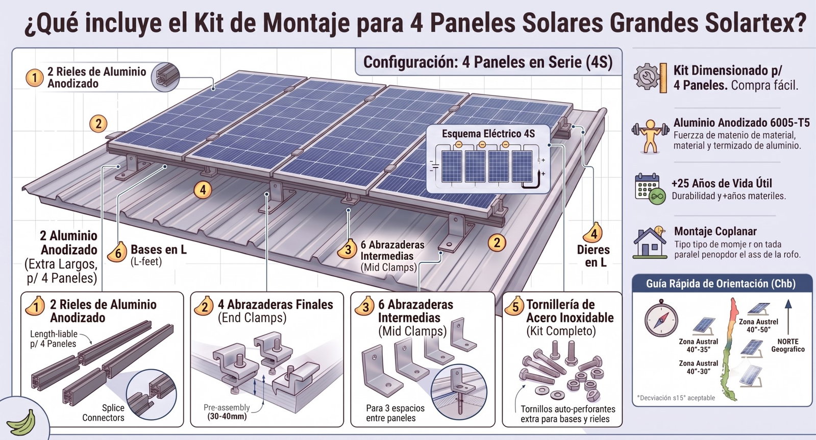 Kit de montaje en aluminio para 4 paneles solares grandes en techo: rieles 6005-T5, abrazaderas finales e intermedias, bases en L y uniones de riel