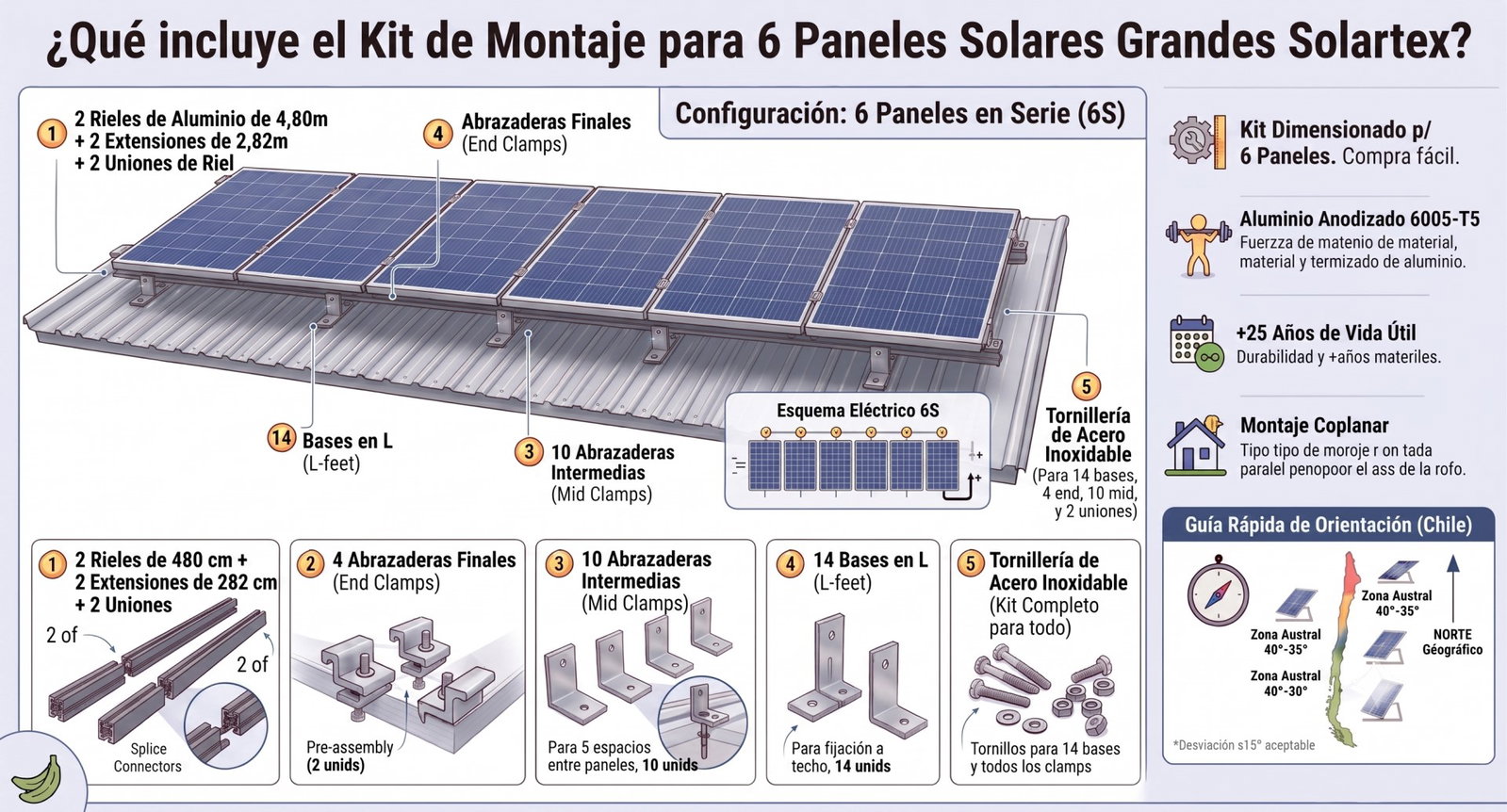 Kit de montaje en aluminio para 6 paneles solares grandes en serie: 2 rieles 6005-T5 con extensiones y uniones, 4 abrazaderas finales, 10 abrazaderas intermedias y 14 bases en L sobre techo