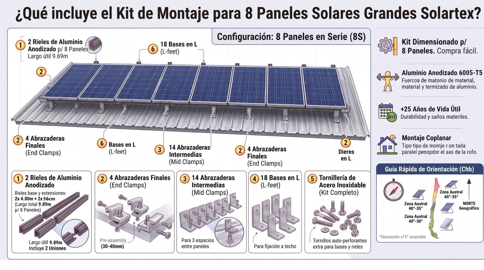 Kit de montaje en aluminio para 8 paneles solares grandes en serie: 4 rieles 6005-T5 con 2 tramos de 56 cm y 4 uniones, 4 abrazaderas finales, 14 abrazaderas intermedias y 18 bases en L sobre techo