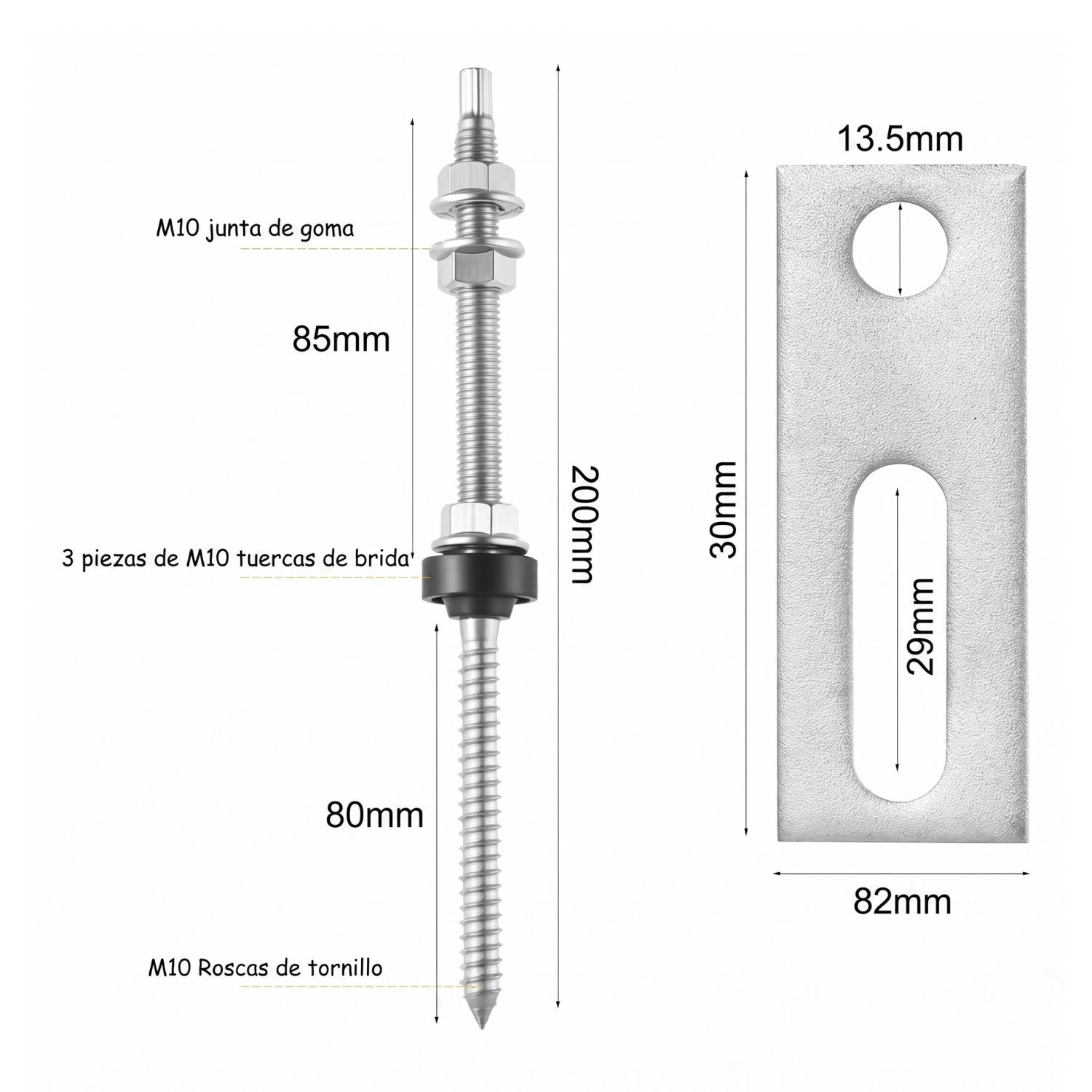 Tornillo Pasante M10 200 mm con Platina Adaptadora - Imagen 2